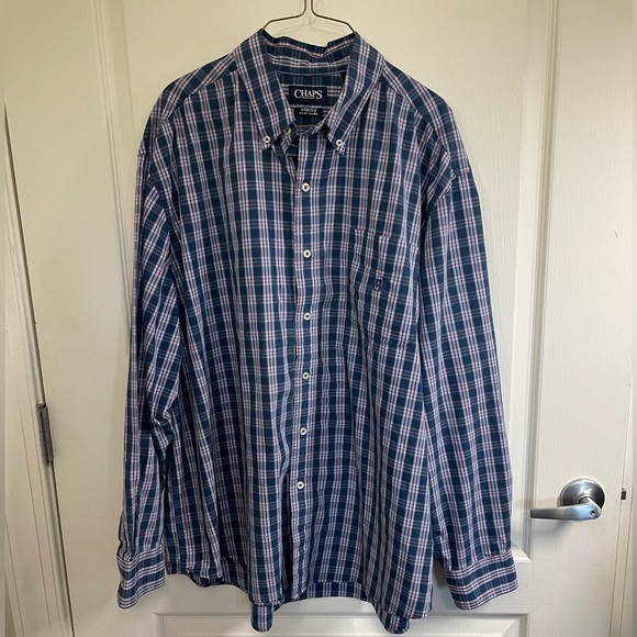 Chaps Men's 2XL Big & Tall Blue Plaid Long Sleeve Button-Up Shirt - Picture 1 of 7